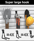 Heavy Duty Slatwall Hooks 20 Pack With Beefed Up Backplate for hanging tools on slatwall, including rake, helmet, hammer display