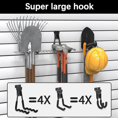 Heavy Duty Slatwall Hooks 20 Pack With Beefed Up Backplate for hanging tools on slatwall, including rake, helmet, hammer display