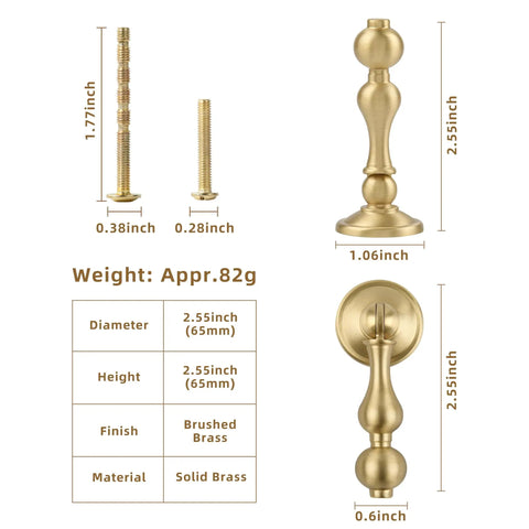 Solid Brass Cabinet Knobs 2 Pack Brushed Gold Boss Level Drop Pulls For Dresser And Drawers Modern Cupboard Wardrobe Pendant Knob Bedroom And Bathroom Cabinet Hardware Easy Install Rust Resistant 2.55 Inch Length, front view with dimensions