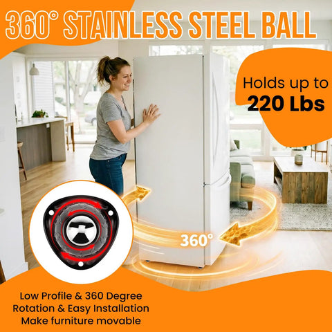 Heavy Duty Swivel Caster Wheels With Rock Solid Adhesive Tape For Quick Hook Up, 360° stainless steel ball, holds up to 220 lbs.