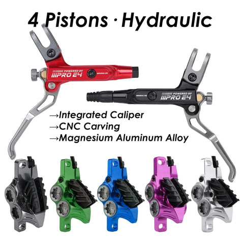Beefy E4 Hydraulic Disc Brake Set With 4 Piston MTB Brakes in assorted colors, showcasing integrated calipers and magnesium alloy build.