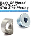 M18x1.5 Notched Style Weld Bung And Plugs Kit 304 Stainless Steel Bung and zinc plated plug on white background