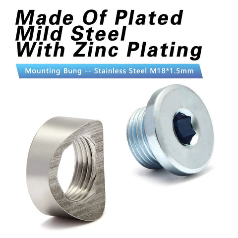 M18x1.5 Notched Style Weld Bung And Plugs Kit 304 Stainless Steel Bung and zinc plated plug on white background