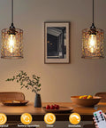 Super Lit Battery Operated Hanging Chandelier Crafted From Twisted Copper And Glowing Gold Beads 5By6 Inch Pendant Lamp in cozy dining setting.