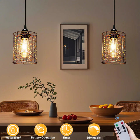 Super Lit Battery Operated Hanging Chandelier Crafted From Twisted Copper And Glowing Gold Beads 5By6 Inch Pendant Lamp in cozy dining setting.