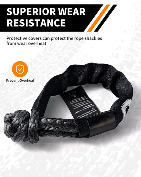 Heavy Duty 1/2 Inch Soft Shackles For Off Road Recovery Kit Featuring 56000 Pound Breaking Strength Uhmwpe Rope and Aluminum Anchor Ring, showing protective cover.