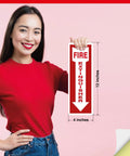 Woman holding 4x12 inch red fire extinguisher sticker, 5 mil vinyl, weatherproof self adhesive sign with arrow for safety.