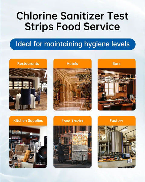 Chlorine Test Strips 0-500 PPM Pack of 100 for Restaurant Sanitizers and Bleach Disinfectants in diverse food service environments
