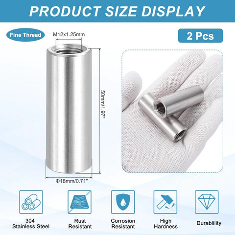 Beefy M12x1.25 Fine Thread Round Coupling Nuts 304 Stainless Steel 2 Pack 50mm Length Silver Tone Connector Sleeve For Rods And Bars Fully Threaded Nut Fasteners; size display with 2 nuts