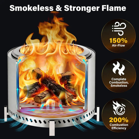 20 Inch Smokeless Patio Fire Pit For Backyard Hangouts, Garden And Patio, Stainless Steel Outdoor Wood Burning Fire Pit with flames