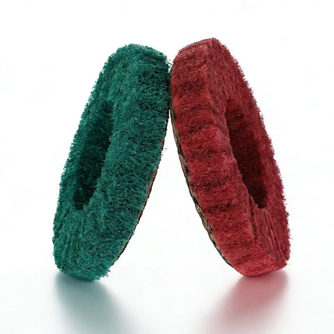 20 Pack Nylon Fiber Flap Discs For Your 4 Inch Angle Grinder, 180 And 320 Grit, shown in green and red, for metalworking