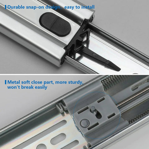 Close-up of 10 Pairs 16 Inch Soft Close Drawer Slides Full Extension Ball Bearing, highlighting durable snap-on design and metal parts.