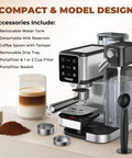 Smooth Operator 20 Bar Espresso Machine With Automatic Milk Frother And Snappy Touchscreen, stainless steel design with accessories and coffee.