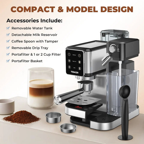Smooth Operator 20 Bar Espresso Machine With Automatic Milk Frother And Snappy Touchscreen, stainless steel design with accessories and coffee.