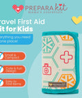 Front view of PreparaKit Travel First Aid Kit for Kids in teal zip pouch with medical icons