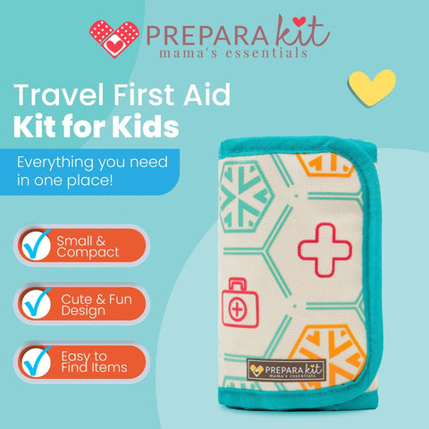 Front view of PreparaKit Travel First Aid Kit for Kids in teal zip pouch with medical icons