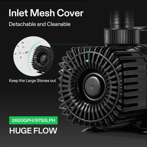 2600 GPH Submersible Water Pump With Barrier Bag showing detachable inlet mesh cover for ponds and hydroponics.