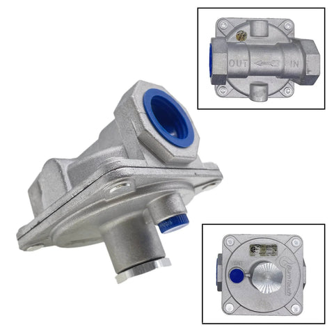 Adjustable natural gas regulator for grills and stoves, 3/4 inch inlet, controls gas flow and pressure, outdoor and indoor use.