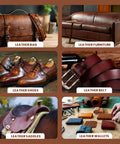 Collage of leather products: bag, furniture, shoes, belt, saddles, wallets. Heavy Duty Leather Adhesive 4 Oz Glue For Leather Repair And Crafting