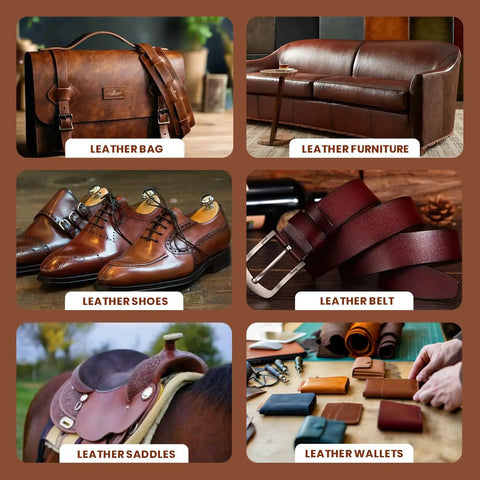 Collage of leather products: bag, furniture, shoes, belt, saddles, wallets. Heavy Duty Leather Adhesive 4 Oz Glue For Leather Repair And Crafting