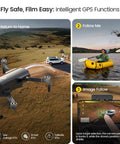 HS360S Foldable GPS Drone With 4K UHD Camera following kayak and car, showcasing Follow Me, Smart Return Home features.