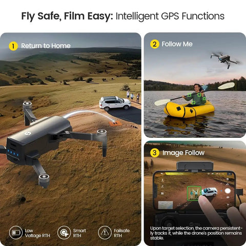 HS360S Foldable GPS Drone With 4K UHD Camera following kayak and car, showcasing Follow Me, Smart Return Home features.