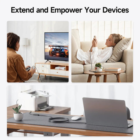 People using USB 3.0 Extension Cable 3-Foot Male To Female, 5Gbps SuperSpeed Extender with devices like gaming console, laptop, and smartphone.