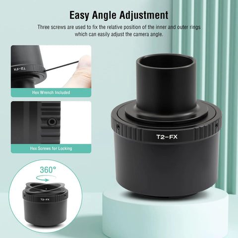 T2 Lens To Fuji FX Mount Camera Adapter with hex wrench, showcasing easy angle adjustment for X Series cameras.