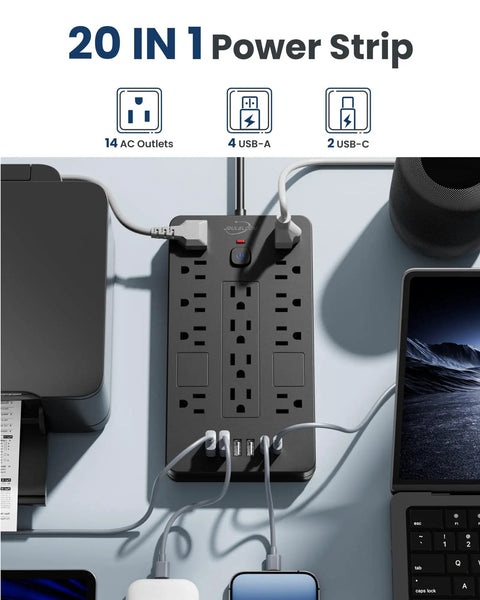 Heavy Duty 6 Ft Extension Cord Surge Protector Power Strip With 14 AC Outlets And 6 USB Ports on a desk setup with devices.