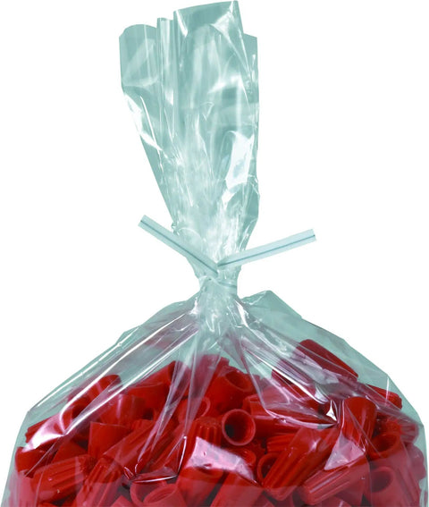 Clear bag sealed with a white plastic twist tie from a twist tie spool for sealing bags, containing red cable connectors.