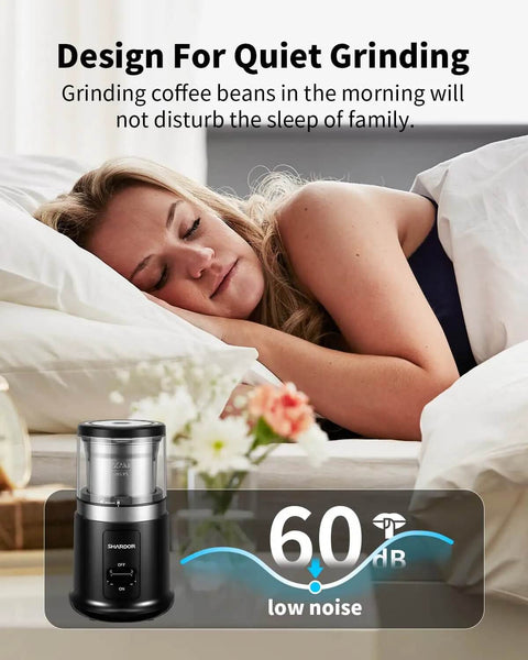 One Touch Coffee And Spice Grinder With Removable Stainless Steel Cup for Coffee Beans Quiet Operation Displayed Beside Sleeping Woman