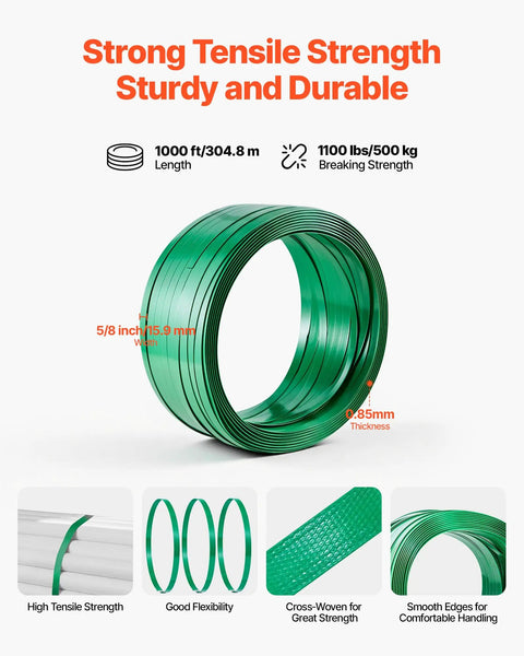 Beefy Heavy Duty Banding Strapping Kit With Manual Sealer, Extended Handle, 1000 Ft PET Band, 300 Metal Seals Five Eighth Inch Wide Strapping, Pallet Packaging Tool For Warehouse Shipping Moving And Home Use Orange, 5/8 in PET band