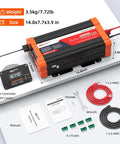 Workhorse 2000W Pure Sine Wave Inverter with accessories including cables, fuses, and remote controller, detailed dimensions and weight shown.