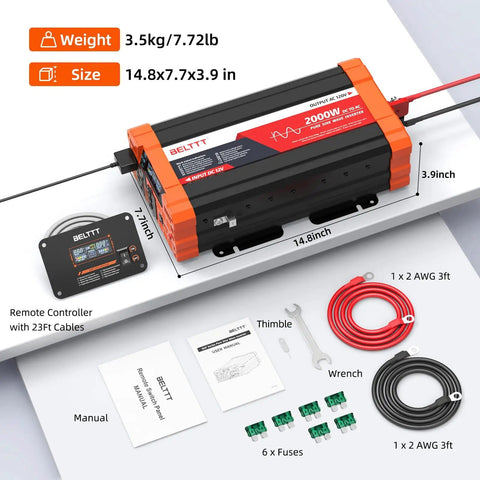 Workhorse 2000W Pure Sine Wave Inverter with accessories including cables, fuses, and remote controller, detailed dimensions and weight shown.