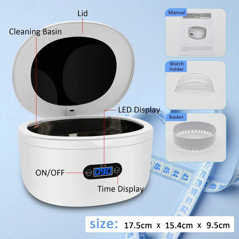 Beast Pro-Grade Ultrasonic Jewelry Cleaner with 25-ounce tank, waterproof design, LED display, and components shown.