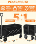 Grab And Go Foldable Wagon Cart With 360 Degree Wheels And Drink Holders For Camping Travel Picnic Shopping And Storage Ultra Lightweight At Just 11 Lbs Collapsible To Stow Handles Up To 360 Lbs in unfolded and folded view with dimensions and handle