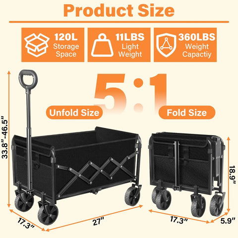 Grab And Go Foldable Wagon Cart With 360 Degree Wheels And Drink Holders For Camping Travel Picnic Shopping And Storage Ultra Lightweight At Just 11 Lbs Collapsible To Stow Handles Up To 360 Lbs in unfolded and folded view with dimensions and handle