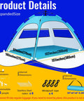 Easy Setup Beach Tent Sun Shelter For Family Beach Day showing dimensions and accessories, includes UV 50 plus protection.