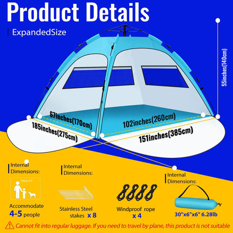 Easy Setup Beach Tent Sun Shelter For Family Beach Day showing dimensions and accessories, includes UV 50 plus protection.