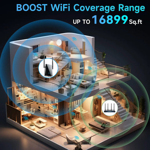 3D illustration of home showing 4X Faster WiFi Extender With Ethernet Port, Long Range Home Signal Booster, No More Dead Zones, Easy Setup