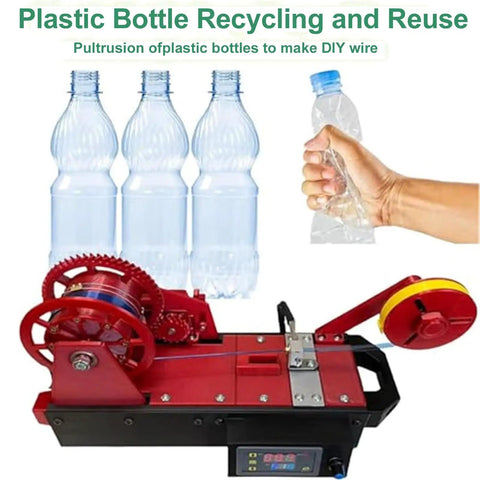 Desktop 3D Printer Filament Maker That Recycles PET Bottles Into Smooth Cord, Featuring Dead Simple Auto Heating And Sweet Adjustable Settings For Thrifty Creators Demanding Knockout Quality Output with bottles and hand.