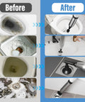 Before and after images of Heavy Duty Electric Toilet Plunger That Cracks Open Stubborn Clogs Fast, showing blocked sinks and toilets.