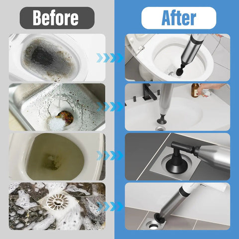 Before and after images of Heavy Duty Electric Toilet Plunger That Cracks Open Stubborn Clogs Fast, showing blocked sinks and toilets.