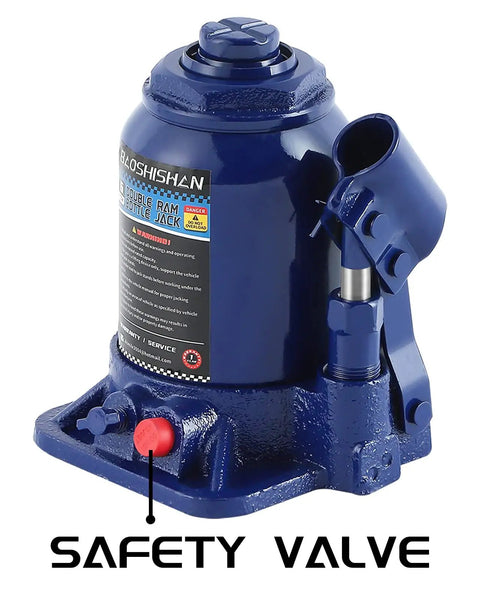 Double Ram Bottle Jack Hydraulic Welded 6 Ton Truck Jack With Three Stage Lift And Extension Screw Top, safety valve shown