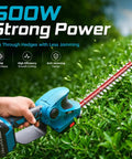 Cordless 20V Hedge Trimmer And Grass Shears Two In One With 12 Inch And 6 Inch Dual Action SK5 Blades shown trimming a hedge