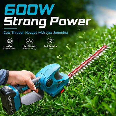 Cordless 20V Hedge Trimmer And Grass Shears Two In One With 12 Inch And 6 Inch Dual Action SK5 Blades shown trimming a hedge