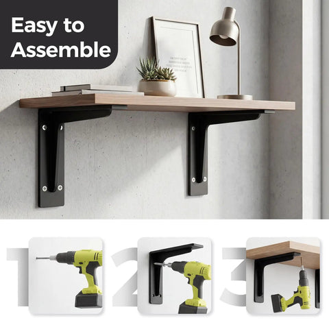 Beefy Heavy Duty L Shelf Brackets 1 Pair Matte Black Stainless Steel Floating Shelf Mounts With 9.4 13.4 Or 19.3 Inch Options, 4.2mm Thick Wall Plate For Wood Shelves Kitchen And Bedroom Storage Decor used in a living room showcasing easy assembly with tools