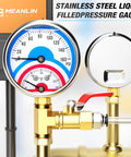 Meanlin stainless steel liquid-filled pressure gauge, front view, 2.5-inch dial, 0-160 psi, 30-250°F, lower-mount.