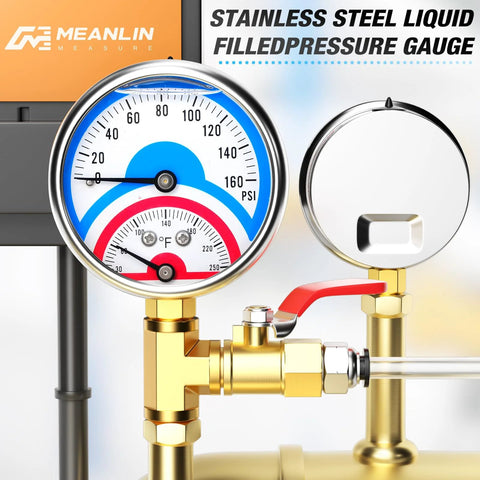Meanlin stainless steel liquid-filled pressure gauge, front view, 2.5-inch dial, 0-160 psi, 30-250°F, lower-mount.