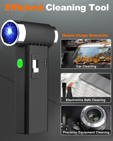 Powerful Cordless Air Duster With 110000 RPM Brushless Motor, black tool with nozzle usage scenarios for various cleaning tasks.
